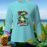 Light blue long-sleeve shirt with a graphic of a green iguana wearing a straw hat.