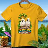 Yellow t-shirt with two cockatoos, palm trees, and text 