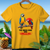 Yellow t-shirt with two parrots and text 