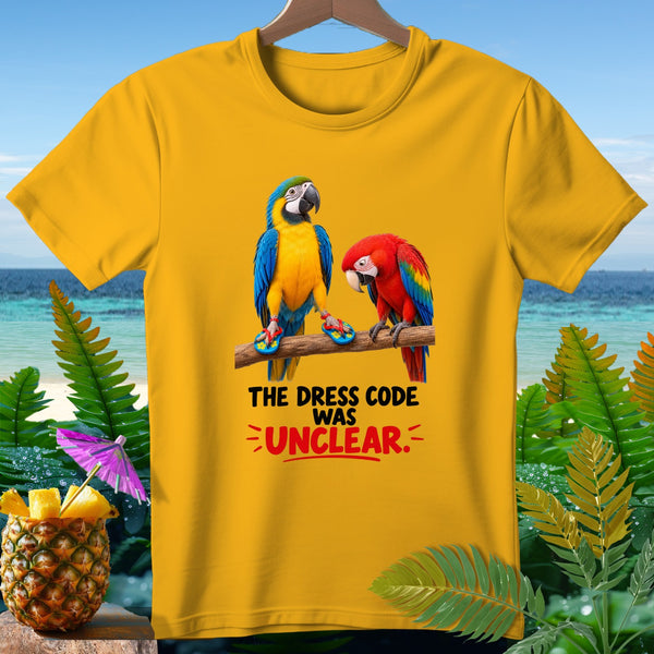 Yellow t-shirt with two parrots and text "THE DRESS CODE WAS UNCLEAR."