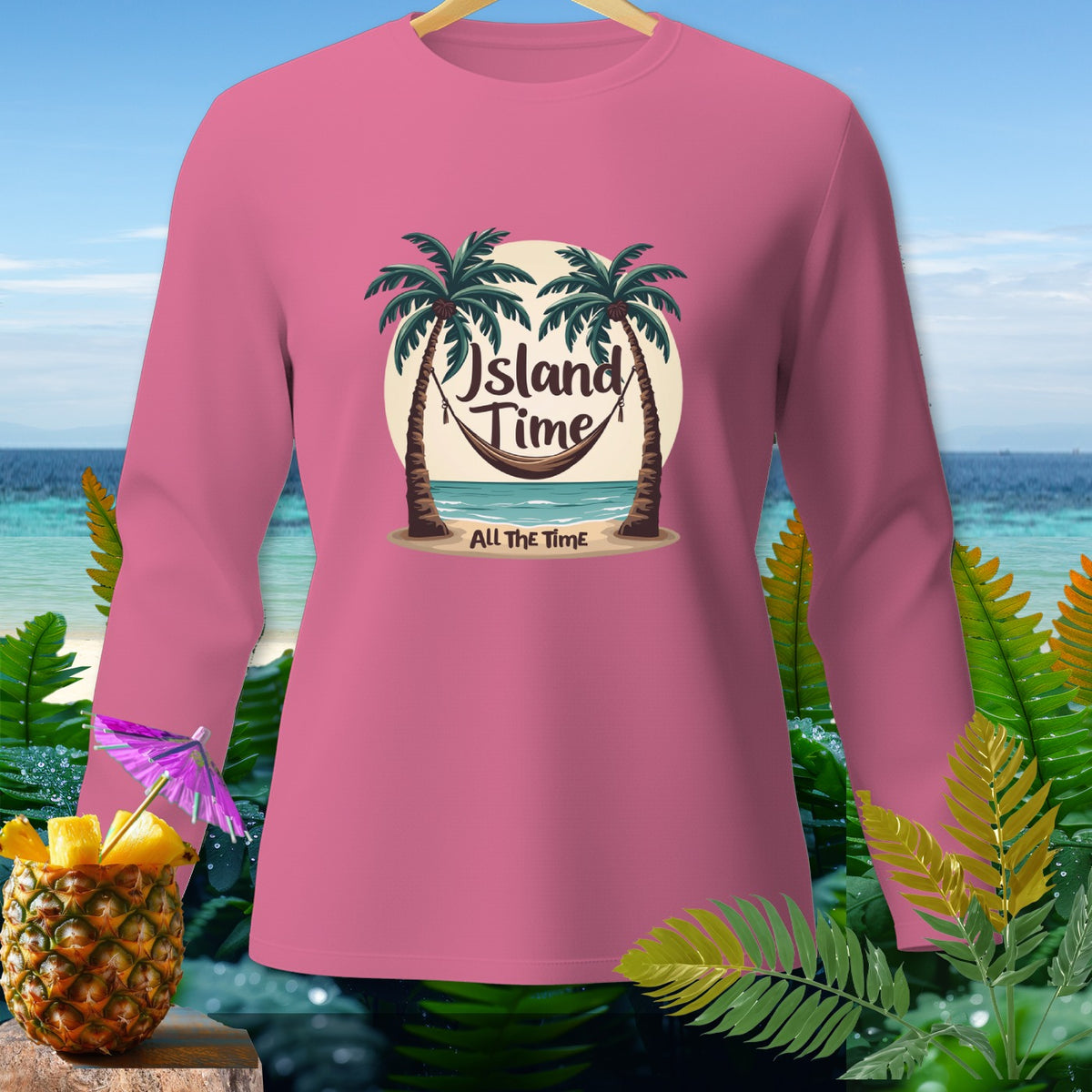 Pink long-sleeve shirt with "Island Time All The Time" text and palm trees.