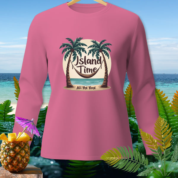 Pink long-sleeve shirt with "Island Time All The Time" text and palm trees.