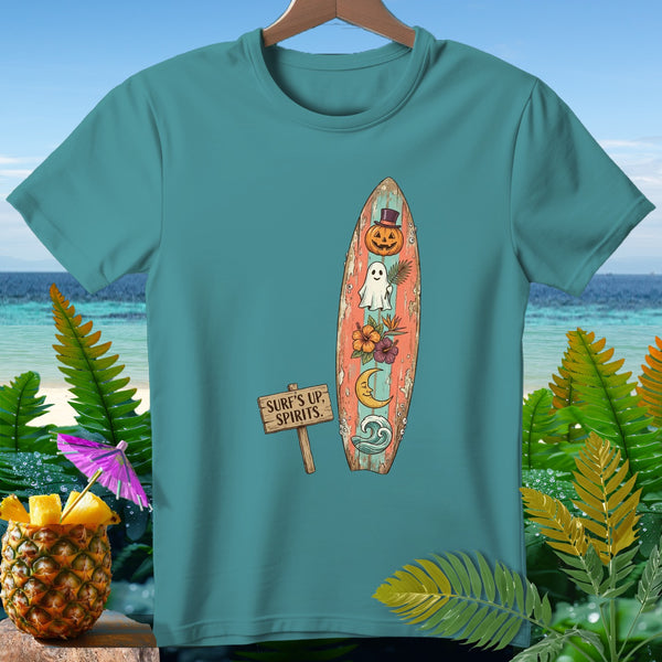Turquoise t-shirt with a surfboard graphic featuring a pumpkin, ghost, and moon.
