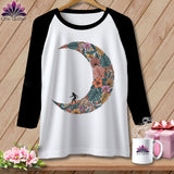 Baseball tee with floral crescent moon and surfer graphic, 