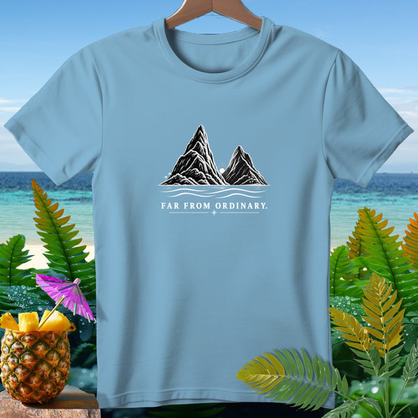 Light blue t-shirt with black and white mountains graphic and "FAR FROM ORDINARY." text.