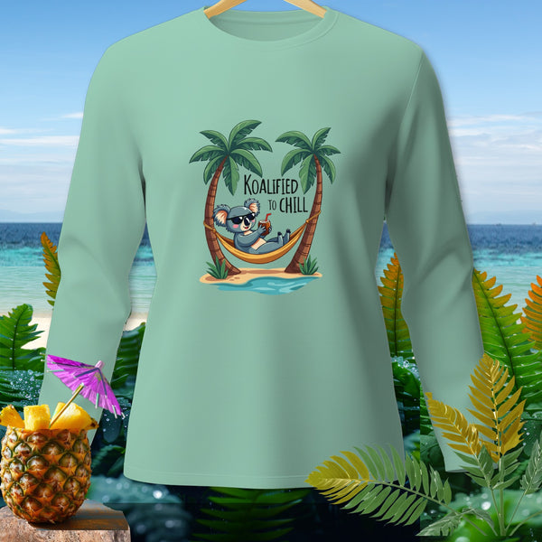 Mint long-sleeve shirt with graphic of koala in hammock and text "Koalified to Chill".