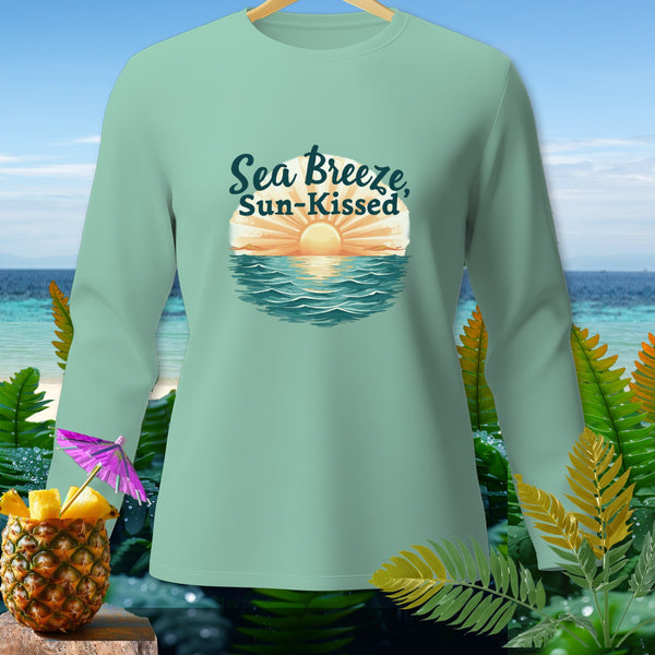 Mint long-sleeve shirt with "Sea Breeze, Sun-Kissed" graphic of sunset over ocean.