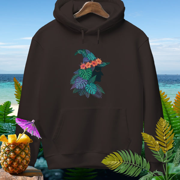 Brown hoodie with a tropical floral witch hat design and pineapple garnish.