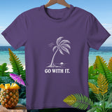 Purple t-shirt with white palm tree graphic and 