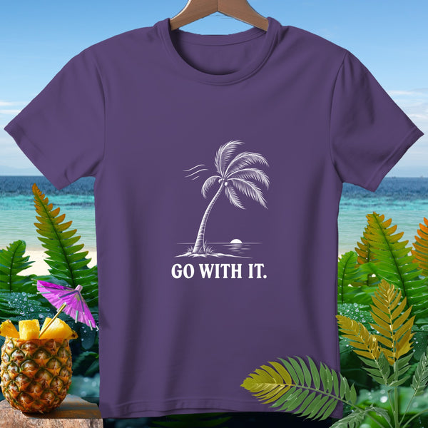 Purple t-shirt with white palm tree graphic and "GO WITH IT." text.