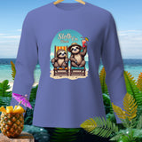 Two sloths relax on beach chairs with text 