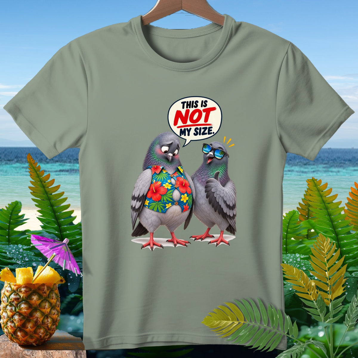Two cartoon pigeons on a t-shirt; one wears a floral shirt and says "This is NOT my size."