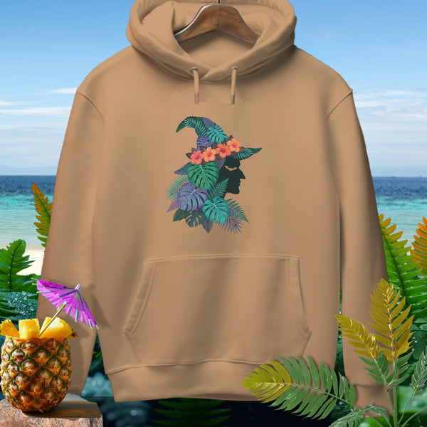 Tan hoodie with a tropical witch hat graphic, pineapple, and ocean background.
