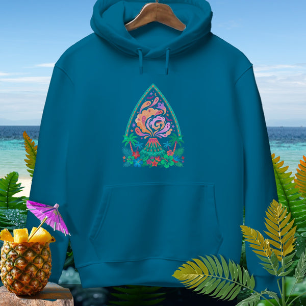 Teal hoodie with colorful volcano and tropical flower graphic on chest.