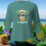 Teal long-sleeve shirt with a cartoon koala in a hammock drinking a beverage.